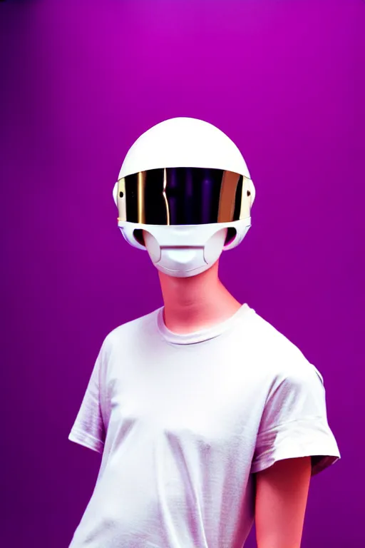 Image similar to a high definition film photograph of a normal androgynous robot human wearing a plain white t - shirt, in a pastel pink room. happy. metal visor covering eyes. metallic shiny gold coloured helmet. crushed shadows.