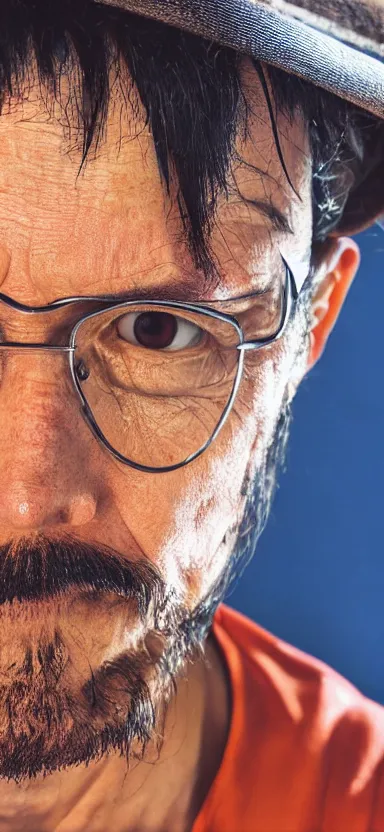 Image similar to “ a portrait photo of luffy as walter white, side shot, by professional photographer, 8 k resolution, high quality ”