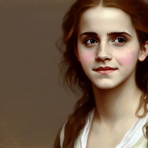 Image similar to Painting of Emma Watson as Hermione Granger. Young. Smiling. Happy. Cheerful. Prisoner of Azkaban. Art by william adolphe bouguereau. Very very very very very very very very very very very very much detailed. Beautiful. 4K. Award winning.