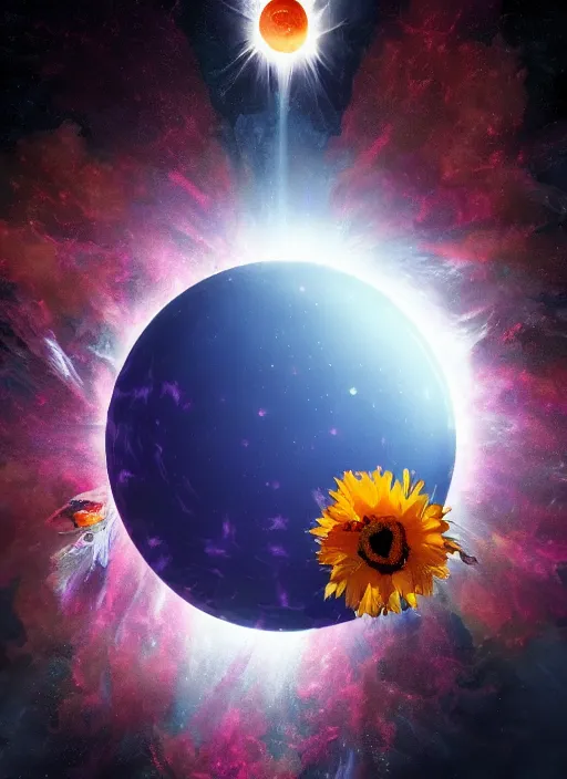 Image similar to An epic fantastic realism comic book style painting of the most beautiful flowers launched into space, bouquets, solar eclipse, fisheye, unreal 5, DAZ, hyperrealistic, octane render, dynamic lighting