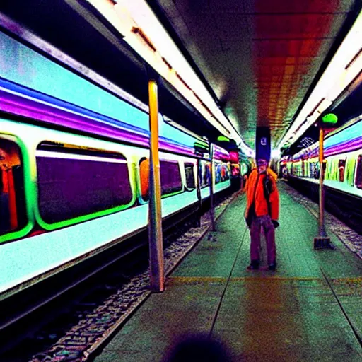 Image similar to subway on the platform, enter the void movie style, extremely realistic, psychedelic