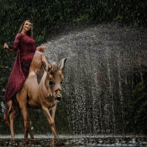 Image similar to 4 k hdr wide angle detailed portrait of a beautiful instagram model woman showering riding mounted on top of a wild deer in a rain shower during a storm with thunder clouds overhead and moody stormy lighting sony a 7