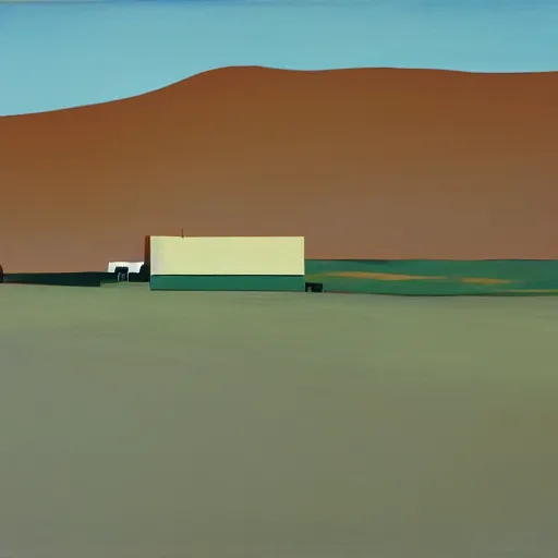 Image similar to motel in a desert rural landscape, painted by Alex Katz and Edward Hopper, airbrush, highly detailed