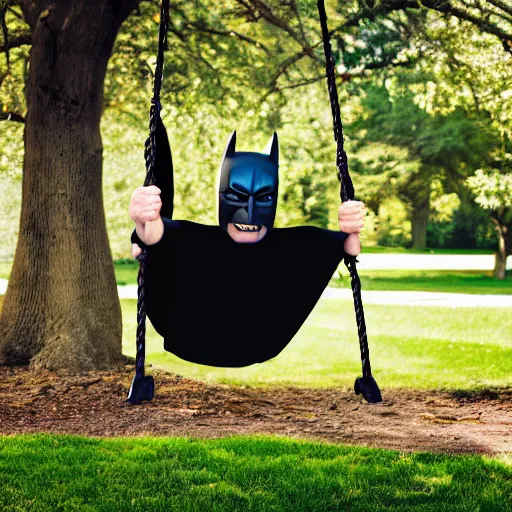 Prompt: batman sits happily on a garden swing, happy face, 8 k photography