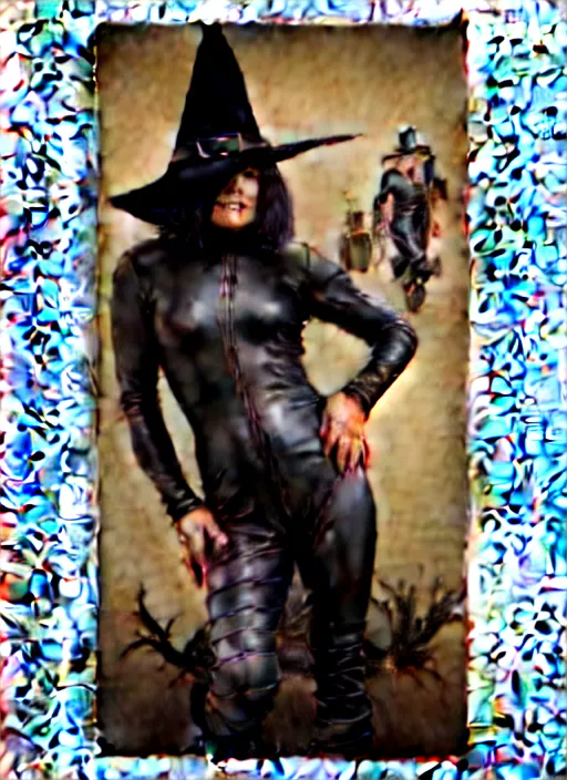 Image similar to perfectly centred realistic picture of a character dressed in leather tight suit and witch hat, dark,!! poster by waldemar swierzy, wiktor gorka, leszek zebrowski