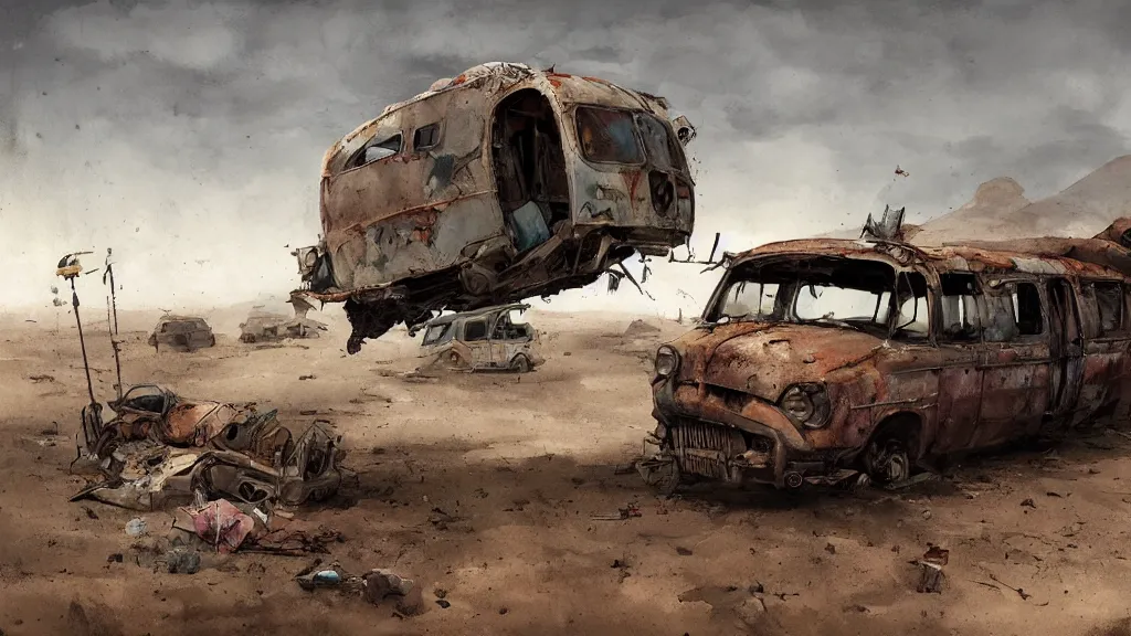 Image similar to abandoned caravan wreck in the middle of a desert, papyrus, watercolored, jakub rozalski, dark colours, dieselpunk, artstation