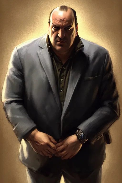 Prompt: clear portrait of tony soprano, cottagecore!!, mafia background hyper detailed, character concept, full body, dynamic pose, intricate, criminal appearance, highly detailed, digital painting, artstation, concept art, smooth, sharp focus, illustration, art by artgerm and greg rutkowski and alphonse mucha