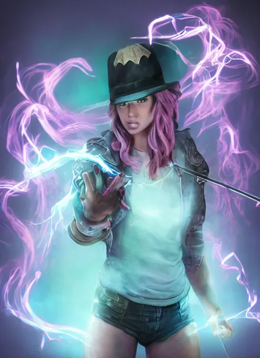 Image similar to An epic fantasy comic book style portrait painting of a young woman, with a wavy short pink hair and pink fedora hat, wearing a light pink jacket with a dark blue tie, purple gloves and blue jeans shorts and white shoes. She is holding blue neon strings tied on her hand, Unreal 5, DAZ, hyperrealistic, octane render, cosplay, RPG portrait, dynamic lighting