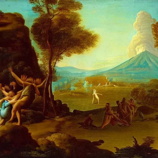 Prompt: a volcano seething, ethereal landscape, elves, fauns, musicians, claude lorrain pastoral landscape