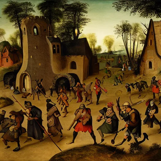 Image similar to adventuring party in eldritch ruins, fantasy, golden hour, in the style of pieter bruegel