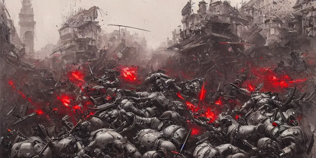 Image similar to demonic samurai robot slaughtering french soldiers and civilians in the interbellum paris, very detailed painting, concept art, intense heavy street battle, pile of bodies, a lot of blood on the streets, art by jakub rozalski