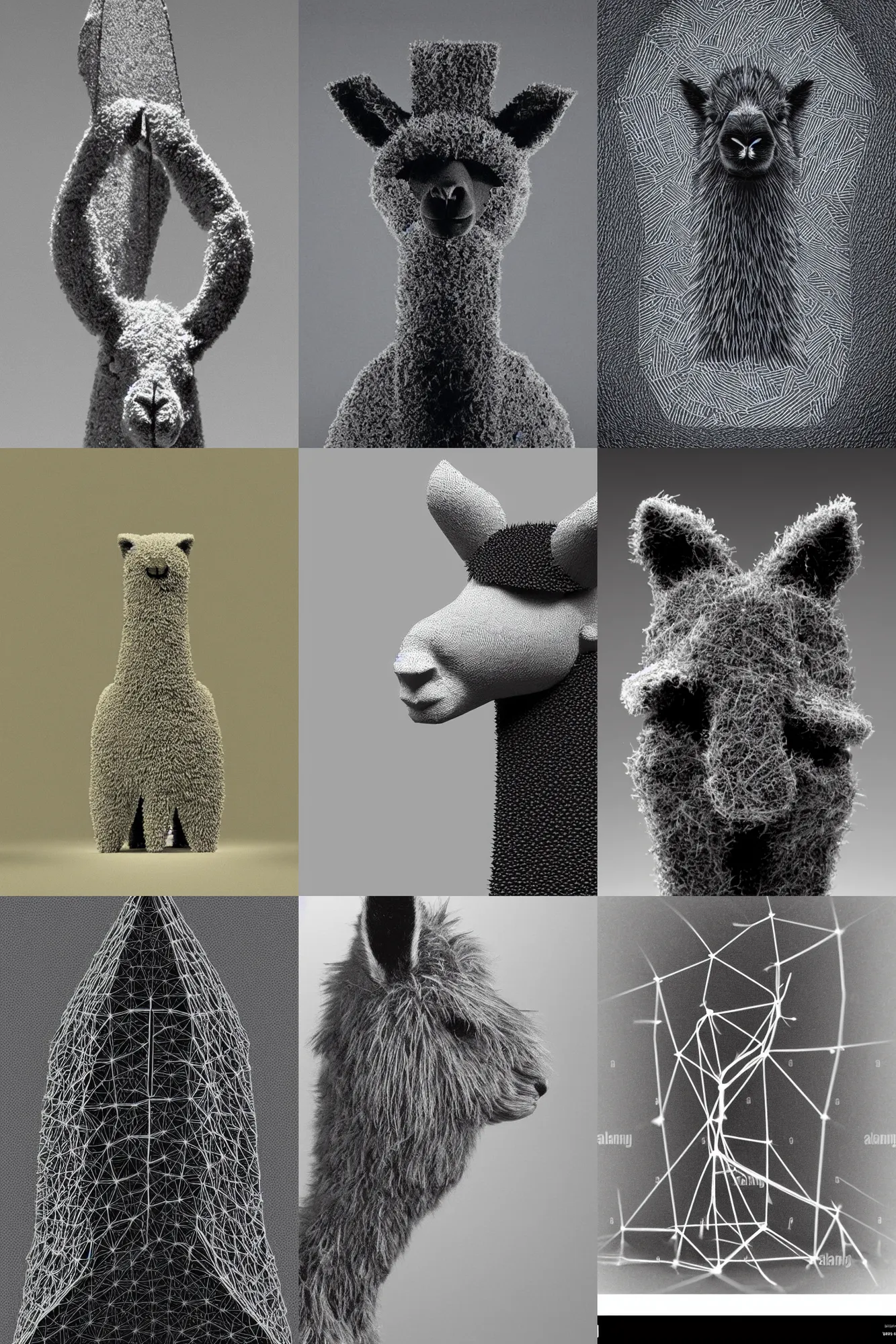 Prompt: Scanning tunneling electron microscopy image carbon nanotube pyramidal structure symmetrical nano-scale sculpture furry llama portrait in Scanning tunneling microscope, carbon nanostructure, scan