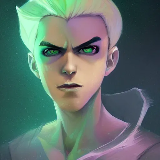 Prompt: A digital matte intricate illustration concept art of young Danny phantom with snow white hair and glowing green eyes and pointy razor sharp teeth fangs alt art fashion inspired art by Charlie Bowater and WLOP and Mark Arian and Ross Tran + neon colors, symmetry , intricate complexity, epic composition, magical atmosphere, highly detailed, cinematic lighting + masterpiece, trending on artstation + 8k