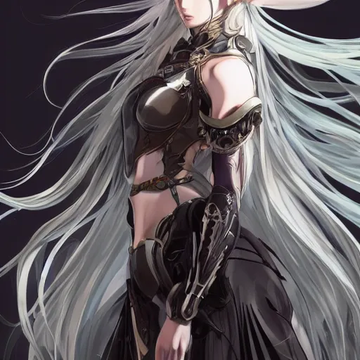 Image similar to full body character design character design of an anime girl with long white hair wearing Elden Ring armor with engraving in the style of Yoji Shinkawa, expressive brush strokes, hairs fluttering on the wing, noisy film grain effect, highly detailed, Renaissance oil painting, weird portrait angle, blurred lost edges, three quarter view