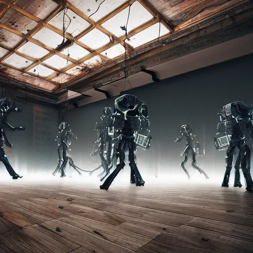 Prompt: crowd of terminator robots dancing in a 1 8 th century room in the sky, cloudy modern city outside of big windows, cables everywhere, old furniture, wooden parquet, dramatic and emotional, volumetric lighting, digital art, depth haze, cinematic, glow