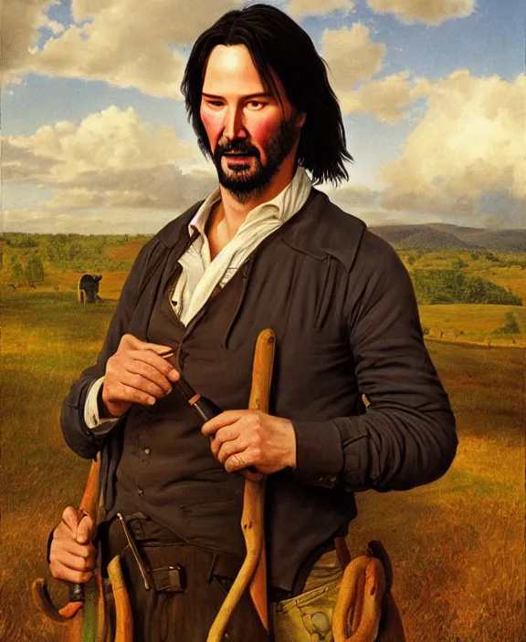 Image similar to portrait of keanu reeves as a kentucky farmhand, art by denys tsiperko and bogdan rezunenko and george caleb bingham, hyperrealism