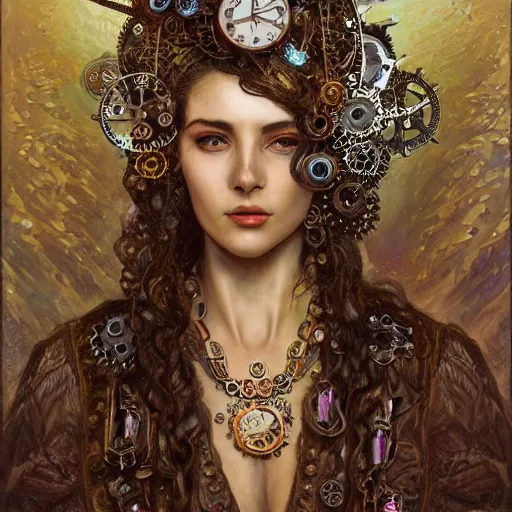 Prompt: A steampunk beautiful goddess, she is wavy, she is embellished with gears wheels and gemstones, by William Holman Hunt, Greg Rutkowski, Stanely Artgerm, Tooth Wu, Peter Gric, Aaron Horkey, trending on Artstation, digital art, mythological, symmetrical artwork, cinematic lighting, hyper realism, high detail, octane render, ultra realistic, golden ratio, 4k, 8k