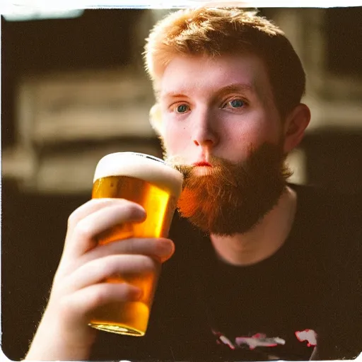 Image similar to “A 20 year old, ginger, tall, polish college student, with a scruffy beard, sitting in his back drinking beer, 8 mm lens photography,”