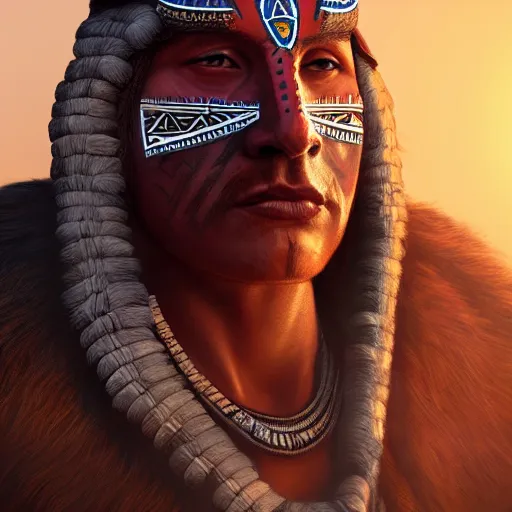 Image similar to full body concept art of a big aztec tribesman, fantasy character portrait, ultra realistic, concept art, intricate detailed, volumetric light, cinematic lighting, 8 k uhd artwork, featured on artstation