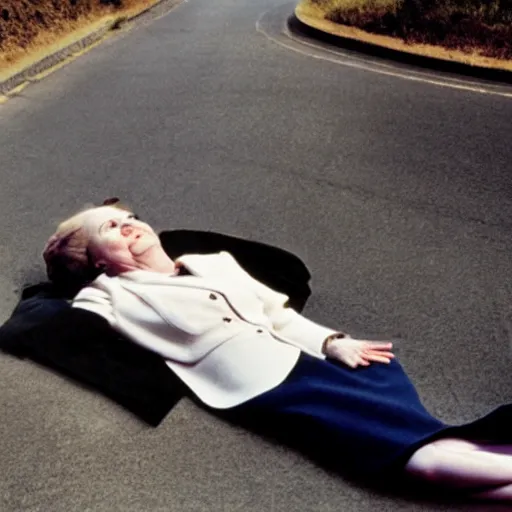 Prompt: margaret thatcher lying beneath a busy paved road