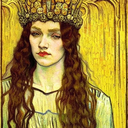 Image similar to detailed realistic beautiful young medieval queen face portrait by jean delville and vincent van gogh, art nouveau, symbolist, visionary, gothic, pre - raphaelite