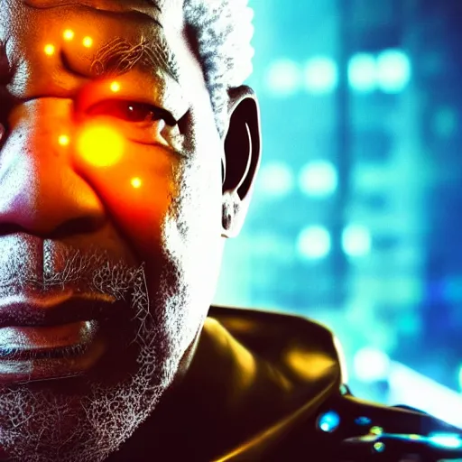 Prompt: morgan freeman portrait, cyberpunk 2 0 7 7, cyberpsycho, photorealistic, ultra detailed, neon, octane, bokeh, cyber, cyberpunk city, feature, scars, cyberface, 8 k