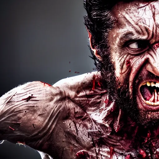 Image similar to the wolverine screaming, zombie, full body shot, butcher by yousuf karsh, golden hour, realistic, body shot, sharp focus, 8 k high definition, insanely detailed, intricate, elegant