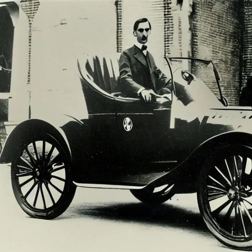 Prompt: nikola tesla driving a tesla roadster