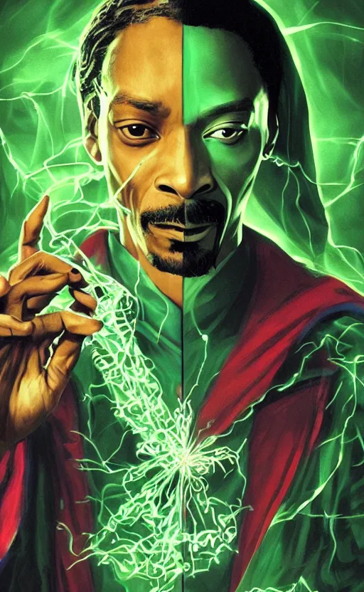 Image similar to snoop dogg as doctor strange, long shadow, green colors, marijuana leaves, marijuana, by greg rutkowski, artstation