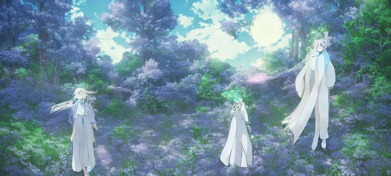 Image similar to illyasviel walking through enchanted ghibli clover | Big Moon at Blue Night | Trees with white flowers | bioluminescent blue FLOWERS | strong blue rimlit | visual-key | anime illustration | highly detailed High resolution | Light Novel | Visual Novel | In the style of Miyama-Zero, Yuuki Hagure