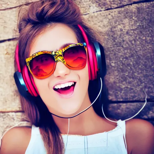 Prompt: beautiful girl with sunglasses listening music
