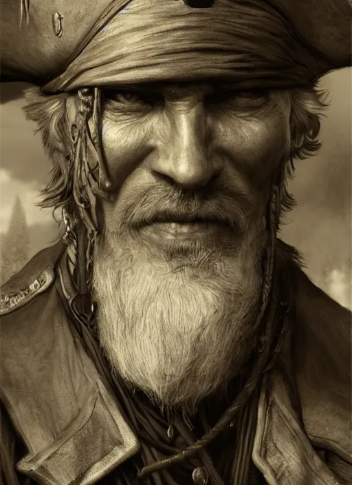 Prompt: portrait, old pirate captain, Dynamic lighting, cinematic, establishing shot, extremely high detail, foto realistic, cinematic lighting, pen and ink, intricate line drawings, post processed, concept art, artstation, matte painting, style by Raphael Lacoste, Eddie Mendoza