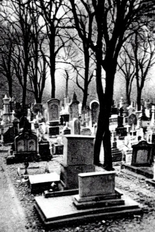 Prompt: Kodak T-MAX 3200 photo of creepy cemetery, 1910s paris, crow, scary, horror, dark mood
