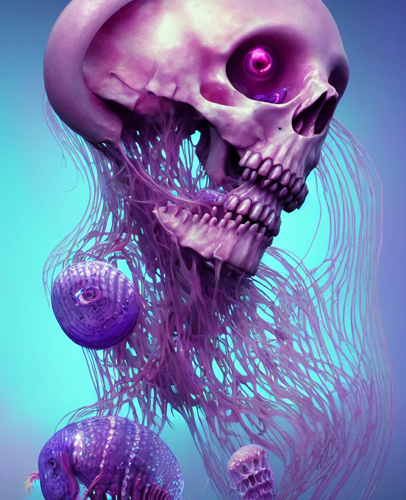 Image similar to goddess close-up portrait human skeleton, ram skull, jellyfish, orchid, betta fish, bioluminiscent, intricate artwork by Tooth Wu and wlop and beeple. octane render, trending on artstation, greg rutkowski very coherent symmetrical artwork. cinematic, hyper realism, high detail, octane render, 8k