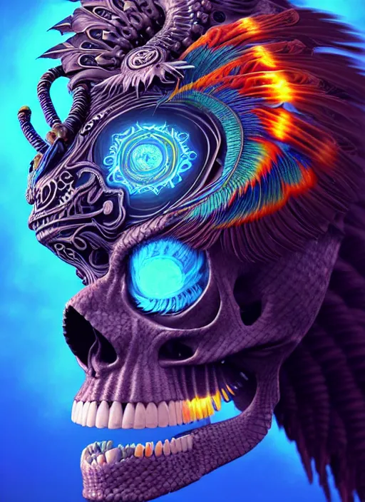 Image similar to 3 d shaman with tattoos profile portrait, sigma 5 0 0 mm f / 5. beautiful intricate highly detailed quetzalcoatl skull and feathers. bioluminescent, plasma, lava, ice, water, wind, creature, thunderstorm! artwork by tooth wu and wlop and beeple and greg rutkowski, 8 k trending on artstation,