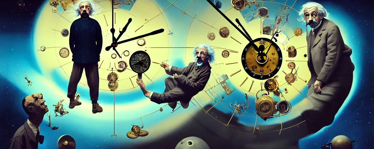 Image similar to duotone surreal illustration 3 / 4 portrait of albert einstein measuring time on salvadore dali clock in outer space. golden ratio accidental renaissance. by sachin teng and sergey kolesov and ruan jia and heng z. graffiti art, scifi, fantasy, hyper detailed. octane render. concept art. trending on artstation