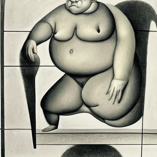 Prompt: fat man sitting on chair, sweat, fat, frustrated, skin, art by gertrude abercrombie and hans bellmer and william blake