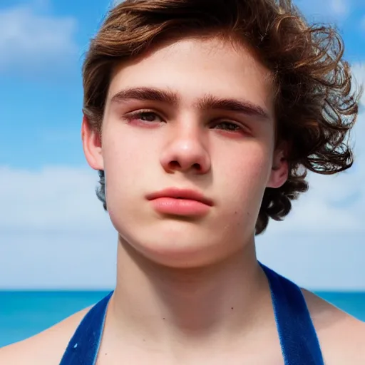 Image similar to beautiful teenage boy, around 22 yo, natural brown hair sitting on a deckchair on the beach. Detailed face, blue sky. Award winning photograph.