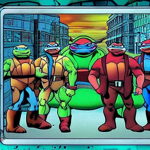 Image similar to screenshot from the missing episode of the 90s tv show sliders where the sliders met up with the teenage mutant ninja turtles, and are about to slide through a vortex