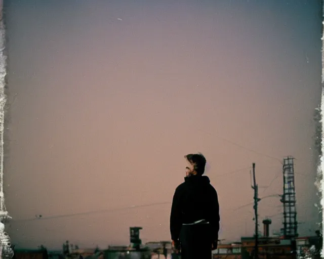 Image similar to lomo photo of man standing on the roof of soviet hrushevka, small town, cinestill, bokeh, out of focus