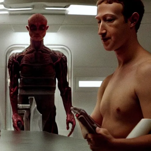 Prompt: mark zuckerberg inspecting the failed clones experiments of himself from the movie Alien Resurrection directed by Jean-Pierre Jeunet.