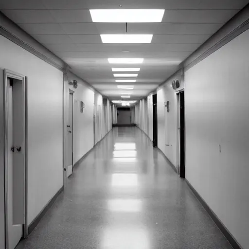 Prompt: the interior of an empty school hallway, small, cramped, dim fluorescent lighting