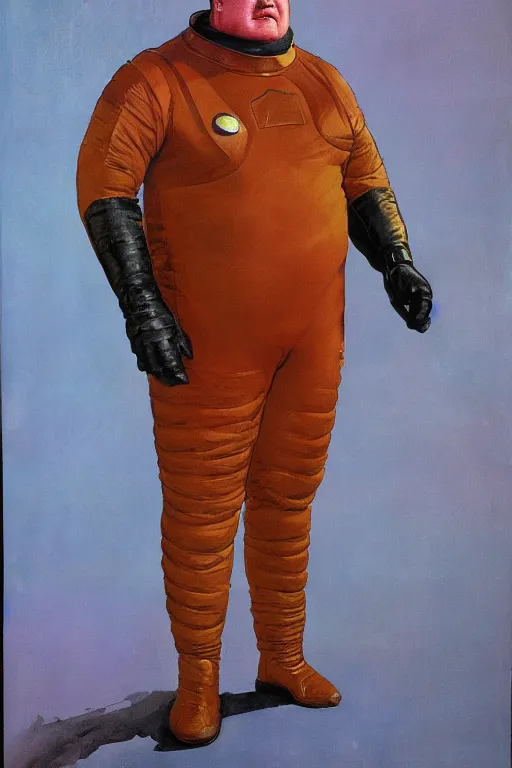 Image similar to full body portrait of actor kenneth mcmillan as baron harkonnen wearing leather spacesuit in dune, colour painting by normal rockwell