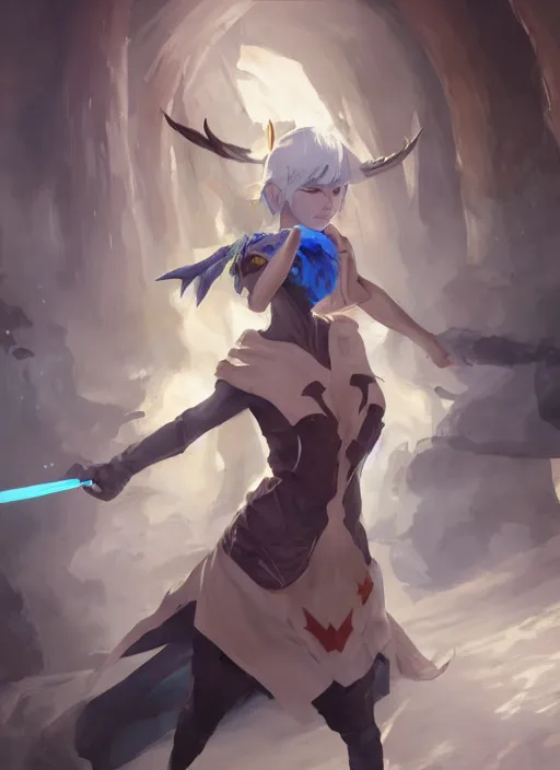 Image similar to concept art painting of a woman with brown skin and short white hair, demon horns, elf ears, full clothing, blue clothes, robes, detailed, cel shaded, in the style of ruan jia and artgerm and makoto shinkai and james gurney