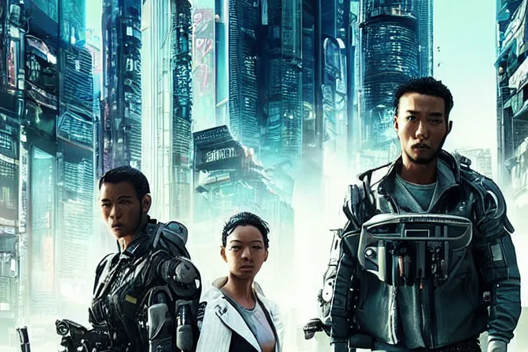 Image similar to movie diverse interracial team of Japanese sci-fi futuristic robbers armed with rifles interior clean futuristic tactical van, cyberpunk city, beautiful skin, Symmetrical faces. natural lighting by Emmanuel Lubezki