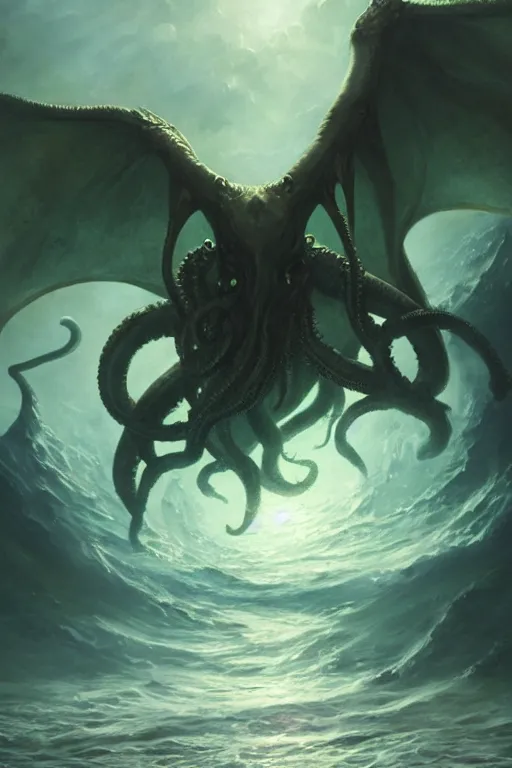 Prompt: cthulhu rising from the ocean with wings spread, digital art, magic the gathering, mtg, by greg rutkowski, trending on artstation