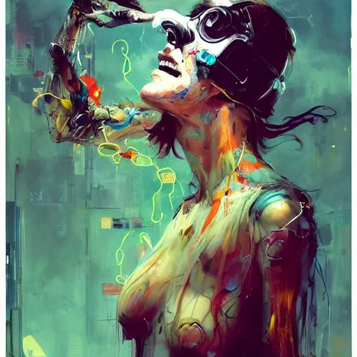 Image similar to grinning woman in a vr headset, dynamic energic pose, cyberpunk in the style of adrian ghenie, esao andrews, jenny saville, surrealism, dark art by james jean, takato yamamoto