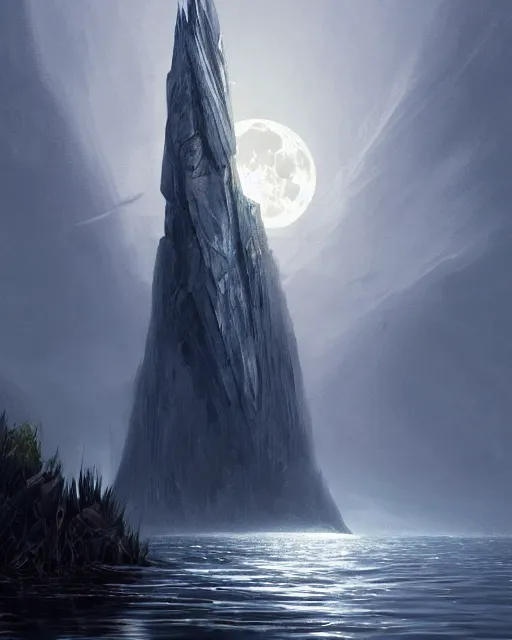 Prompt: legendary excalibur rising from the middle of a lake under a giant full moon, rippling reflections, no people, art by Raymond Swaziland and Greg Rutkowski, D&D, fantasy, intricate, elegant, highly detailed, digital painting, artstation, concept art, matte, sharp focus, illustration, masterpiece, stunning, artstation