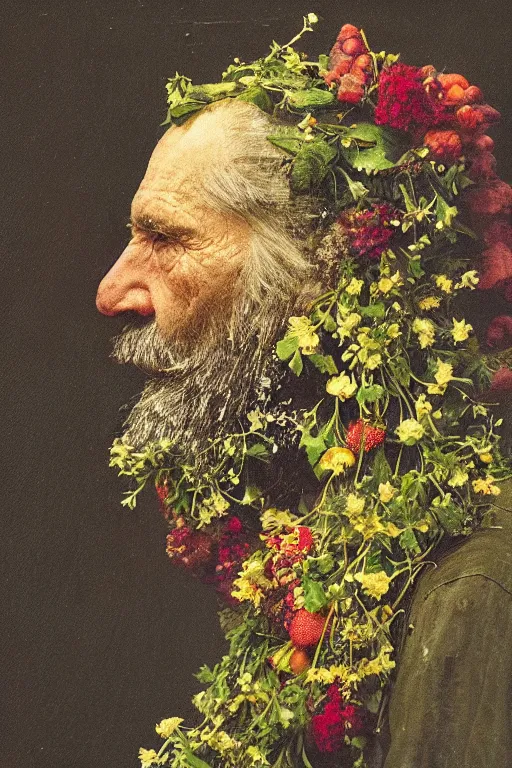 Image similar to an old man's face in profile, long beard, made of flowers and fruit, in the style of the Dutch masters and Gregory crewdson, dark and moody