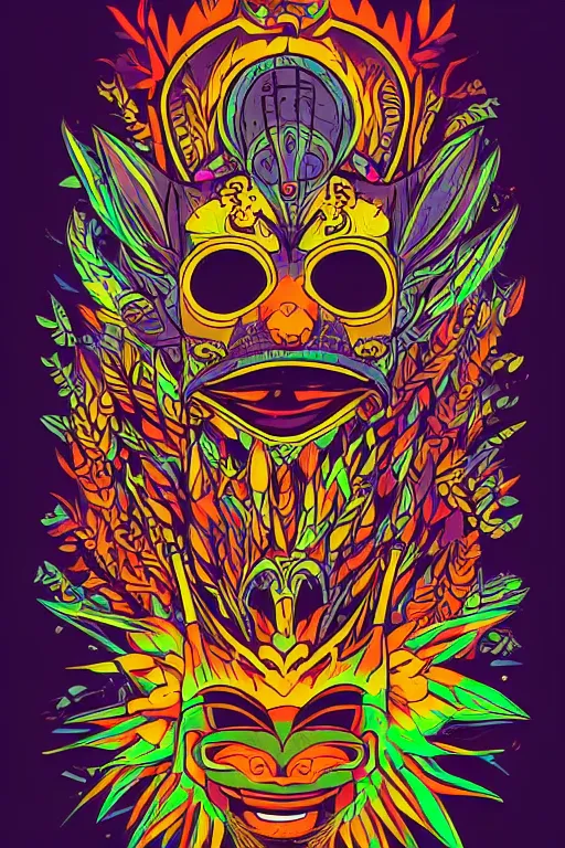 Image similar to animal mask totem roots flower tribal feather gemstone plant wood rock shaman vodoo video game vector cutout illustration vivid multicolor borderlands comics by josan gonzales and dan mumford radiating a glowing aura